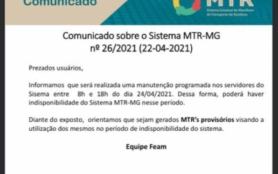 ATENÇÃO! MTR-MG E SISTEMAS DO SISEMA FICARÃO FORA DO AR