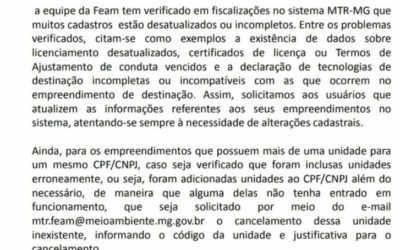 Comunicado sobre o sistema MTR-MG